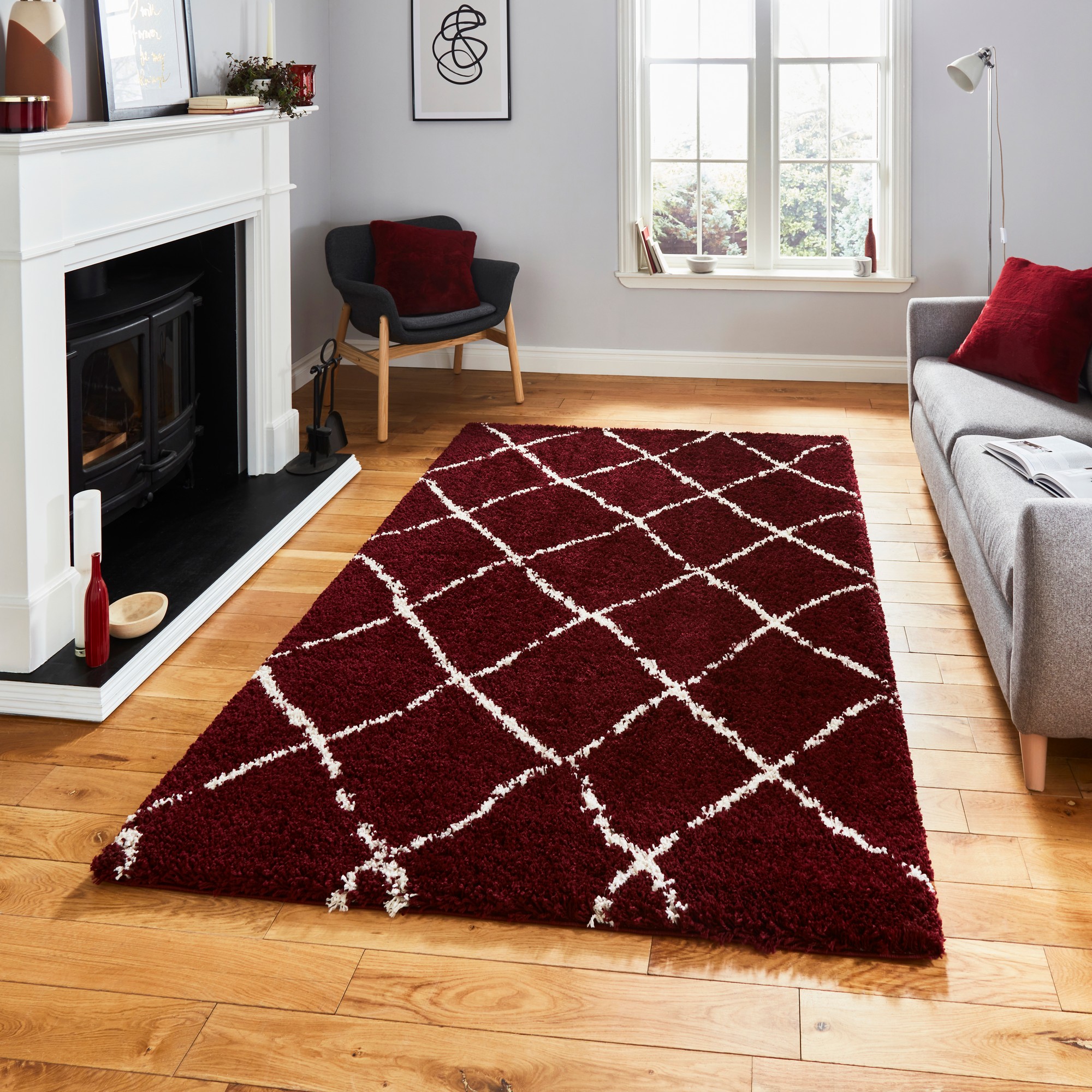 Scandi Berber G257 Shaggy Boho Rugs In Red Cream